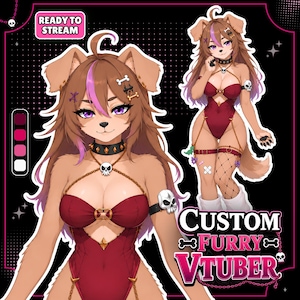 May include: An anime-style dog character with brown fur, purple hair highlights, and purple eyes. The character wears a dark red bodysuit, a spiked collar with a skull pendant, and a skull armband. Text reads READY TO STREAM and CUSTOM FURRY VTUBER.