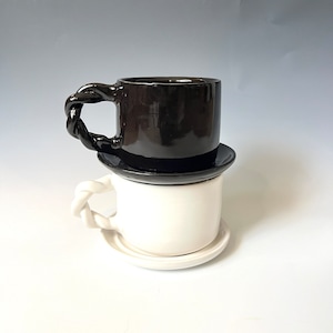 Handmade Ceramic Coffee Mug and Saucer: Glossy Black & White