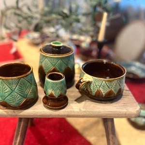 Handmade Ceramic Matcha Set: Leaf pattern Carved Pottery, Blue Green with brown Glaze