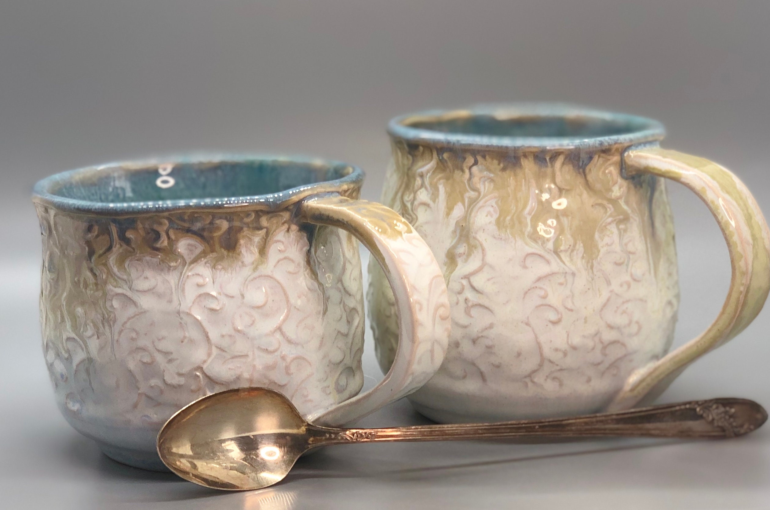 Set of 2 ceramic handmade coffee mugs with swirl texture and Etsy