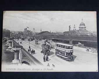 1915 London Blackfriar's Bridge & St Paul's Postcard Real Photo Street Cars Double Deck