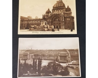 Vintage Postcard German Train Station Hauptbahnhof Leipzig & Nurnberg Sepia