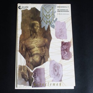 May include: A comic book cover for "Miracleman No. 17" by Neil Gaiman and Mark Buckingham. The cover features a stylized illustration of a man with a muscular physique, overlaid with abstract shapes and text. The Eclipse Comics logo is in the upper left.