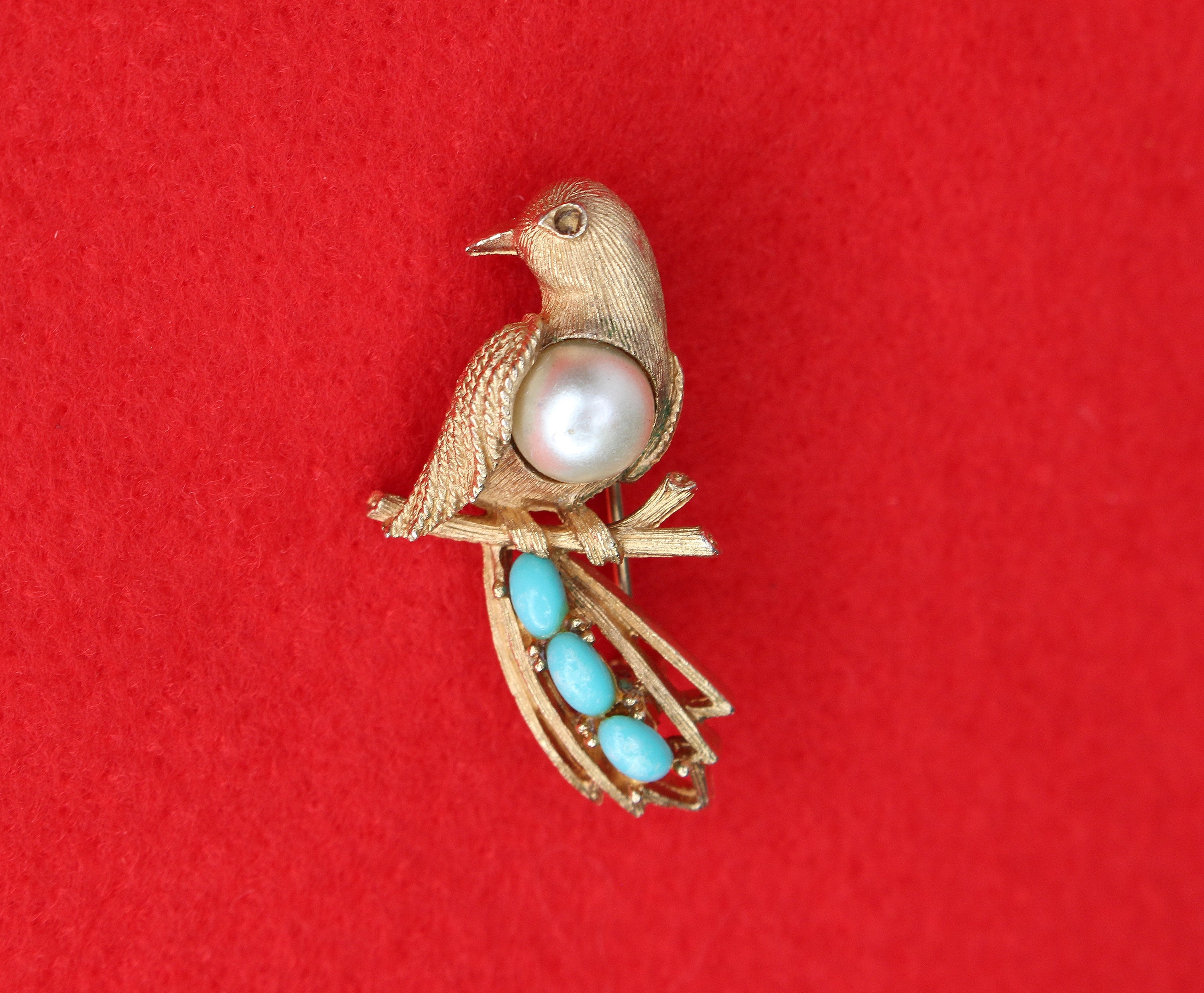 Vintage Coro Bird Brooch Pin Faux Pearl & Turquoise Inlay Etsy