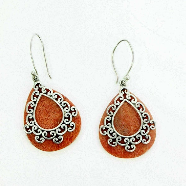 Vintage Sterling Silver And Red Orange Drop Earrings Dangle Marked CFJ Thailand