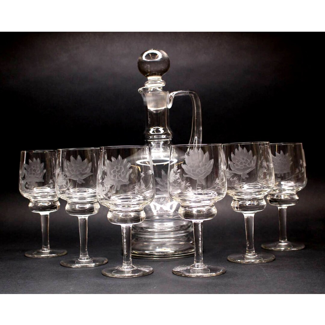 Vintage Crystal Decanter & 6 Goblet Set Hand Blown Etched Made in ...