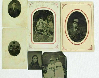 Antique 1800's Tin Type Photograph Lot Of 6 Photos Victorian Dated Group Shots