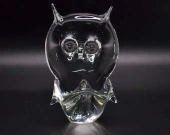 Mid Century Modern Clear Glass Owl Figurine Vintage Desk Paperweight 6 inches tall Unmarked