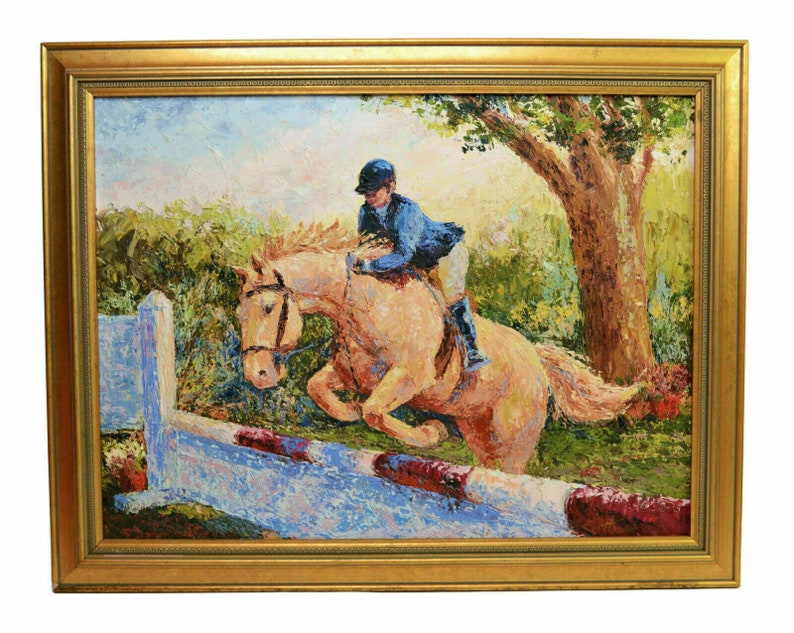 Oil Painting HORSE Jumping Art store Signed FA Schadler Contemporary Colorful Frame