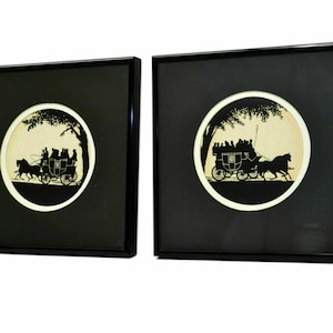 Two Early Silhouettes Horse Drawn Carriage Coach Antique Folk Art Wall Decor