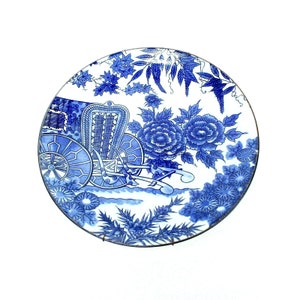 Vintage Imari Charger 14&quot; Plate Rickshaw Asian Blue White Porcelain Ready to Hang Japan