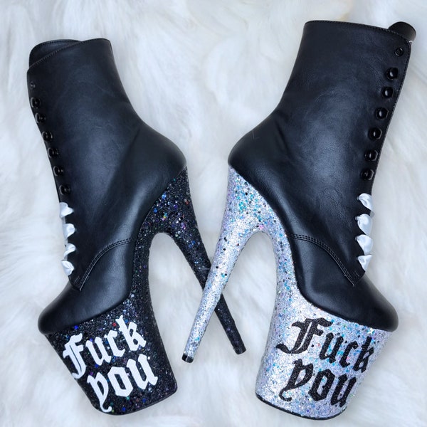 Custom Glitter Pleaser Boots Platform  -  Lettered Sparkle Heels Personalised Pole Exotic Dancer - 6" 7" 8" 9" 10" Ankle 1020 Heel