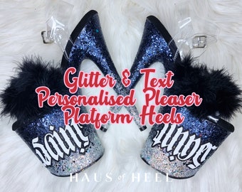 Custom Glitter Pleaser Sandal Platform  -  Lettered Sparkle Heels Personalised Pole Exotic Dancer - 6" 7" 8" 9" 10" Heel