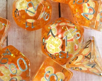Orange Fruit Slice Dice Set - Glitter Resin, Polyhedral Dice, Fruit Theme, 8pc D&D, Original Design