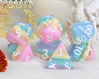 Candy Rainbow Dice Set, TTRPG Polyhedral dice, D&D dice, Dungeons and Dragons, Table Top Role Playing. Pastel Rainbow Layered with Glitter