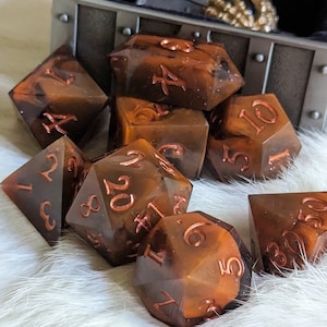 Dice Set - Shadow and Flame Sharp Edge Resin, Orange and Black Polyhedral, Copper Font, 7 Pieces : Original Design