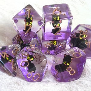 Black Cat DnD Dice Set, Polyhedral dice, D&D dice, Dungeons and Dragons, Halloween DnD Dice. Warlock, Witch, spooky dice, kitty, kitten