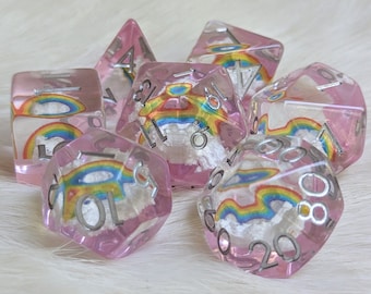 Dreamy Rainbows and Clouds Dice DnD Dice Set, Polyhedral dice, D&D dice, Dungeons and Dragons, Table Top Role Playing Dice. Rainbow sky dice