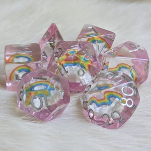 Dreamy Rainbows and Clouds Dice DnD Dice Set, Polyhedral dice, D&D dice, Dungeons and Dragons, Table Top Role Playing Dice. Rainbow sky dice