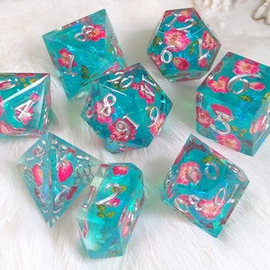 Floating Blossom DnD Dice Set, Polyhedral dice, D&D dice, Dungeons and Dragons, Table Top Role Playing Dice. Sharp Edge Dice