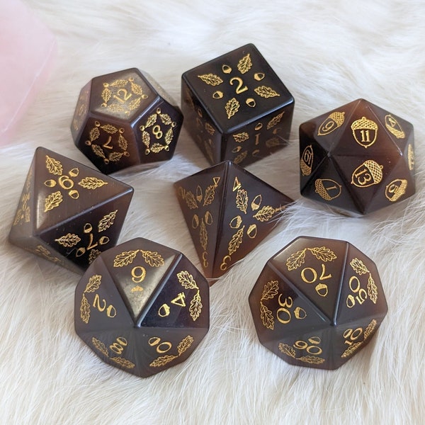 Acorn and Oak Dark Brown Cat's Eye DnD Dice Set, Polyhedral dice, D&D dice, Dungeons and Dragons, TTRPG Dice. Real Glass Dice Set