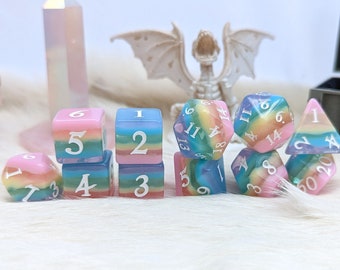 Candy Rainbow Dice Set, TTRPG Polyhedral dice, D&D dice, Dungeons and Dragons, Table Top Role Playing. Pastel Rainbow Layered with Glitter
