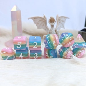 Candy Rainbow Dice Set, TTRPG Polyhedral dice, D&D dice, Dungeons and Dragons, Table Top Role Playing. Pastel Rainbow Layered with Glitter