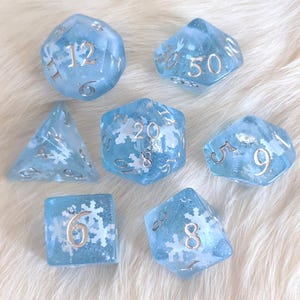 Snowfall DnD Dice Set, Polyhedral dice, D&D dice, Dungeons and Dragons, Table Top Role Playing. Snow Flake Blue Resin Dice