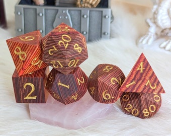 Red Brown Stripe Wood Dice Set: Polyhedral D&D Dice