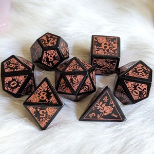 Obsidian Rose DnD Dice Set, Polyhedral D&D dice, Dungeons and Dragons, TTRPG Dice. Real Volcanic Glass Dice Set. Etched Roses and Vines