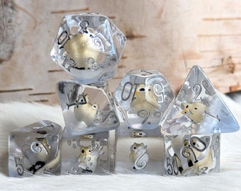 Horned Owl Dice Set: Silver & Blue Polyhedral Dice for DnD