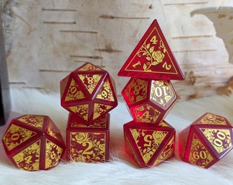 Glass Red Rose DnD Dice Set, Polyhedral D&D dice, Dungeons and Dragons, TTRPG Dice. Real Glass Dice Set. Etched Roses and Vines