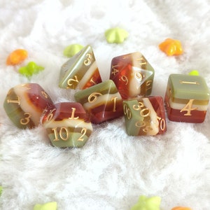 Autumn Arbor DnD Dice Set with Gold Font, Polyhedral dice, D&D dice, Dungeons and Dragons, Table Top Role Playing. Earthy Fall Dice Set