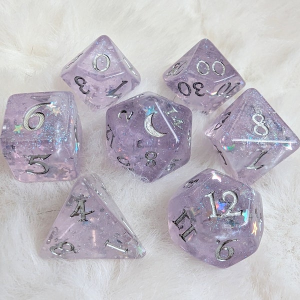 Moonbeam 7 Teiliges D&D Würfelset Lavendel Silber Halbmond Polyeder Würfel für RPG Spieler