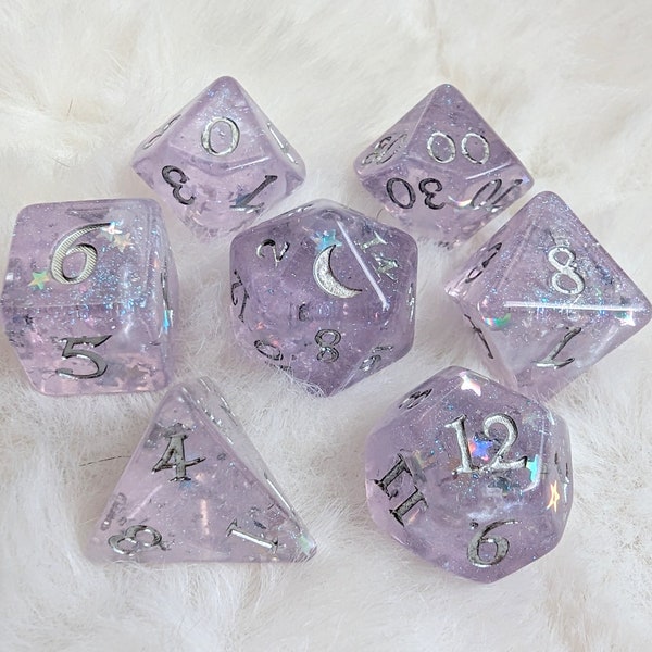 Moonbeam DnD Dice Set, Polyhedral dice, D&D dice, Dungeons and Dragons, Table Top Role Playing. Resin dice with fantasy font