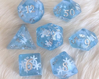 Snowfall DnD Dice Set, Polyhedral dice, D&D dice, Dungeons and Dragons, Table Top Role Playing. Snow Flake Blue Resin Dice