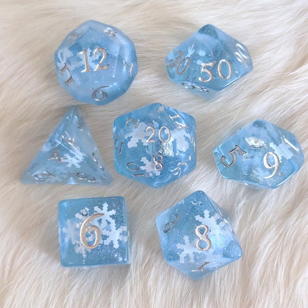 Snowfall DnD Dice Set, Polyhedral dice, D&D dice, Dungeons and Dragons, Table Top Role Playing. Snow Flake Blue Resin Dice