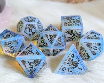 Opalite Rose Etched Dice Set: Polyhedral DnD TTRPG Dice