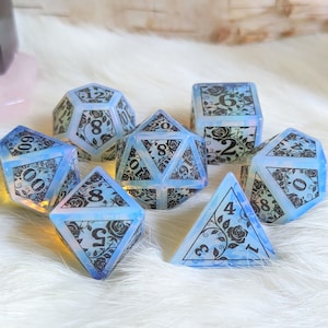 Opalite Rose DnD Dice Set, Polyhedral D&D dice, Dungeons and Dragons, TTRPG Dice. Real Glass Dice Set. Etched Roses and Vines