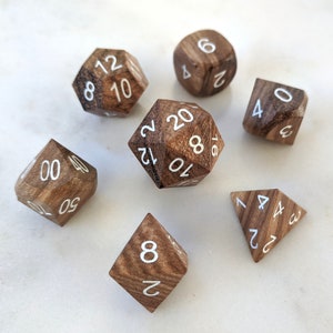 Zebra Wood DnD Dice Set, Polyhedral dice, D&D dice, Dungeons and Dragons, Table Top Role Playing Dice. Real Wooden Dice Set