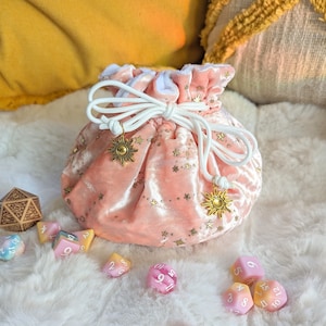 Starry Pink Velvet Dice Bag: TTRPG Dice & Miniature Storage