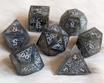 Dreamy Labradorite DnD Dice Set, Polyhedral D&D dice, Dungeons and Dragons, TTRPG Dice. Real Gemstone Dice Set. Cloud, Moon, and stars