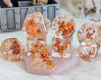 Juego de dados de resina con diseño de hojas de otoño: Dados poliédricos de D&D