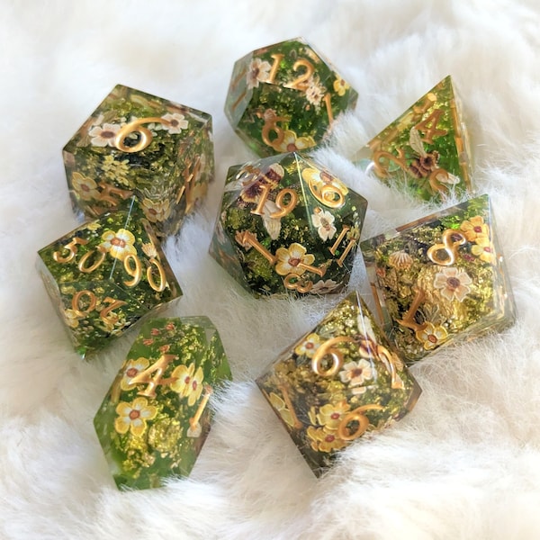 Verdant Sanctuary DnD Dice Set: Floral Bee Sharp Edge Polyhedral Dice