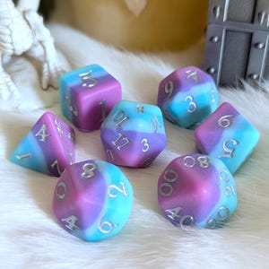 Twilight Serenity Dice Set – 7pc Ombre Matte DnD Dice, Blue to Purple Gradient, Silver Fantasy Font, Polyhedral Dice for TTRPG