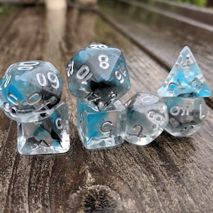 Sea Wraith DnD 7pc Dice Set, Polyhedral dice, D&D dice, Dungeons and Dragons, Table Top Role Playing. Translucent Blue and Black Ink Dice