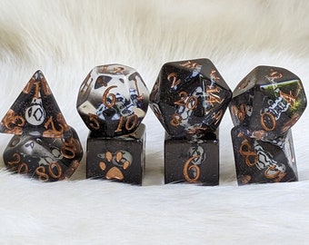 Mementos DnD Dice Set, Polyhedral dice, D&D dice, Dungeons and Dragons, Table Top Role Playing. Bird Skull Raven Queen Warlock Undead