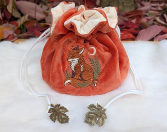 Fox Plush Dice Bag - Deep Red-Orange & Cream Drawstring Pouch with Embroidered Fox