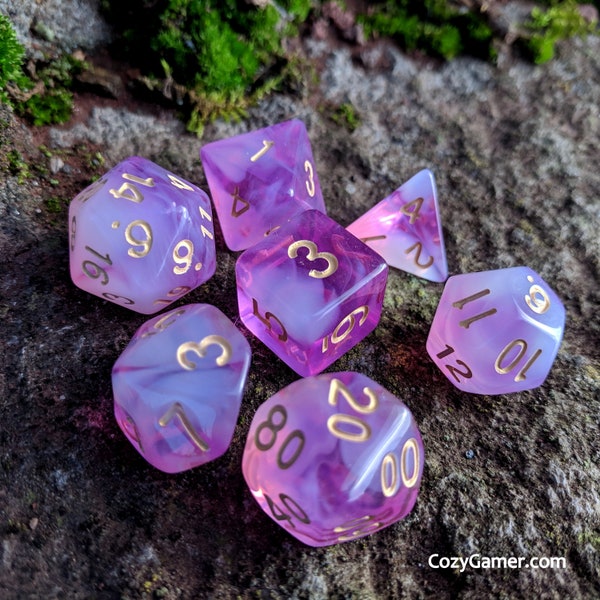 Eldritch Blast DnD Dice Set, Polyhedral dice, D&D dice, Dungeons and Dragons, Table Top Role Playing Dice. Purple semi translucent Dice