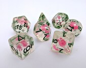 Baby 39 s Breath DnD Dice Set, Polyhedral dice, D D dice, Dungeons and Dragons, Table Top Role Playing Dice. Pink Flower with Green font Dice